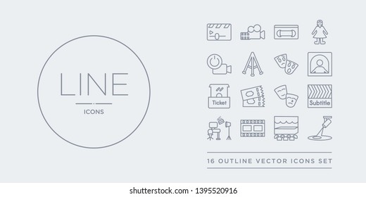 16 line vector icons set such as spotlight, stage, storyboard, studio, subtitle contains theatre, ticket, ticket office, ticket window. spotlight, stage, storyboard from cinema outline icons. thin,