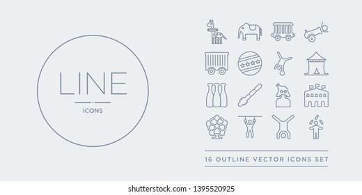 16 line vector icons set such as acrobat, acrobatics, aerialist, amusement park, arena contains assistant, balloon sword, bottle throw, carnival. acrobat, acrobatics, aerialist from circus outline