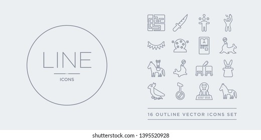 16 line vector icons set such as circus horse, circus lion, unicycle, circus parrot, rabbit contains sawing, seal, stunt, walrus. horse, lion, unicycle from outline icons. thin, stroke elements