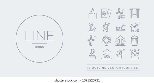 16 Line Vector Icons Set Such As Magic Ball, Magic Hat, Merry Go Round, Mime, Pop Corn Contains Ride, Ring Of Fire, Ringmaster, Rodeo. Magic Ball, Hat, Merry Go Round From Circus Outline Icons.