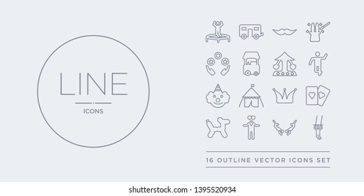 16 line vector icons set such as trapeze, trapeze artist, two headed man, balloon dog, cards contains circus, circus tent, clown, dancer. trapeze, artist, two headed man from circus outline icons.