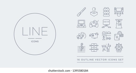 16 line vector icons set such as ferris wheel, festival, foosball, g clef, gambling contains game, game console, game controller, machine. ferris wheel, festival, foosball from entertainment outline