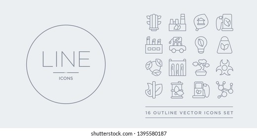16 line vector icons set such as bio, biodiesel, biofuel, biogas, biohazard contains bonsai, dam, eco, eco bag. bio, biodiesel, biofuel from ecology outline icons. thin, stroke elements