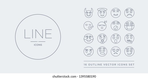 16 line vector icons set such as rich emoji, sad emoji, sca emoji, sceptic secret contains shocked shushing shy sick rich sad sca from outline icons. thin, stroke elements