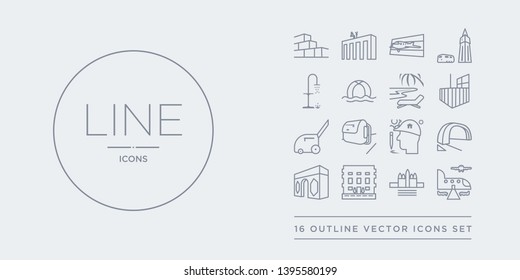 16 line vector icons set such as airport, angkor wat, apartments, arc de triomphe, arch contains architecture, backpacking, baggage, balcony. airport, angkor wat, apartments from architecture and