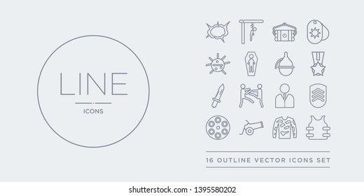 16 line vector icons set such as bulletproof, bulletproof vest, camouflage military clothing, cannon, chamber contains chevrons, civilian, combat, combat knife. bulletproof, vest, camouflage