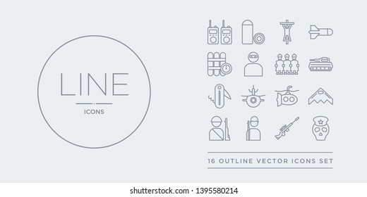 16 line vector icons set such as shoulder strap, skull army, sniper rifle, soldier, soldiers and a weapon contains stealth, submarine, submarine front view, swiss army knife. shoulder strap, skull
