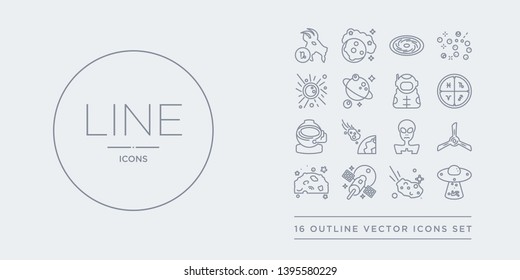 16 line vector icons set such as abduction, aerolite, aerospace, aerosphere, airscrew contains alien, asteroid, astranaut helmet, astrology. abduction, aerolite, aerospace from astronomy outline