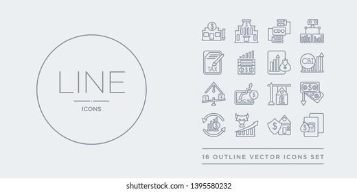 16 line vector icons set such as budget, buildings insurance, bull market, business cycle, buy-out contains buy-to-let mortgage, cac 40 index, carry trade, cbi industrial trends. budget, buildings