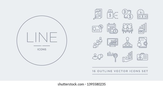 16 line vector icons set such as business accounts, actively managed funds, actuary, administration, after-hours dealing contains allocation rate, alternative investment market, annual bonus, annual