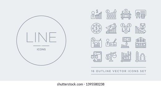 16 line vector icons set such as average (arithmetic mean), average earnings growth, balance of payments, balance sheet, bank of england contains bank of england's inflation report, banker's draft,