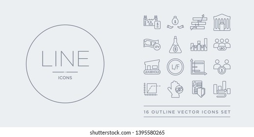 16 line vector icons set such as interim, investment trust, invisible hand, irrational exuberance, joint account contains keynesian economics, laissez-faire, leasehold, leveraged buyout. interim,