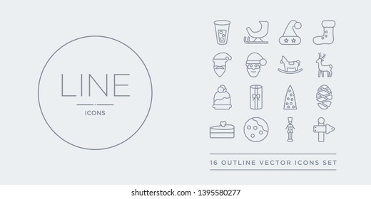 16 line vector icons set such as north pole, nutcracker, oat cookie, piece of cake, pine cone contains pines, present, pudding, reindeer. north pole, nutcracker, oat cookie from christmas outline