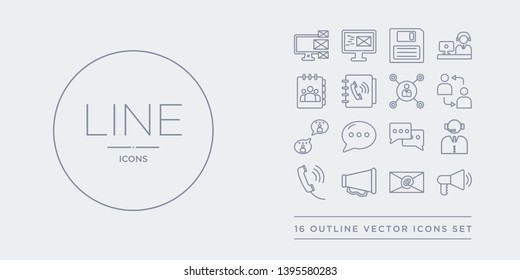 16 line vector icons set such as announcement, arroba, bullhorn, call, call center contains chat, chat bubble, chatting, communication. announcement, arroba, bullhorn from communication outline