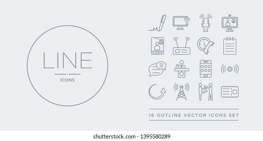 16 line vector icons set such as postcard, quarrel, radio antenna, reply,   contains smartphone, speaking, speech bubble, text lines. postcard, quarrel, radio antenna from communication outline