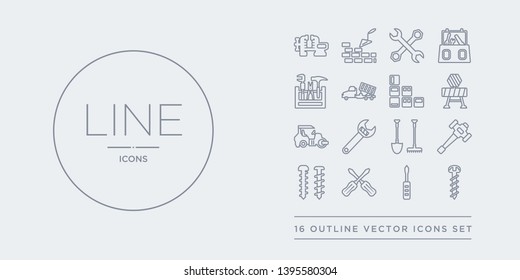 16 line vector icons set such as screw, screwdriver, screwdrivers, screws, sledge hammer contains spade tool, spanner, steamroller, stopping. screw, screwdriver, screwdrivers from construction