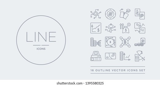 16 line vector icons set such as budget accounting, budget diagram, card, cash machine, casino chips contains chains, circuit, coin, crypto hash rate. budget accounting, diagram, card from