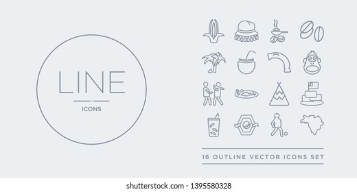 16 line vector icons set such as brazil map, brazil soccer player, brazil team shield, caipirinha drink glass of cake with a flag contains calumet, cantonese fish, capoeira dancers, chimp face of