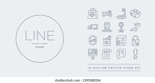 16 line vector icons set such as delivery hot air balloon, delivery info, delivery list, monitor, safety contains schedule, settings, shield, tag. hot air balloon, info, list from and logistic