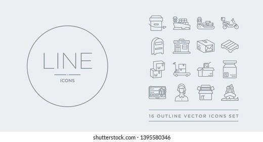 16 line vector icons set such as ocean transportation, open box, operator, order, package contains package checking, package on trolley, packages, pallet. ocean transportation, open box, operator