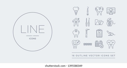 16 line vector icons set such as dental, dental appointment, dental brackets, care, chair contains checkup, drill, filling, floss. appointment, brackets from dentist outline icons. thin, stroke