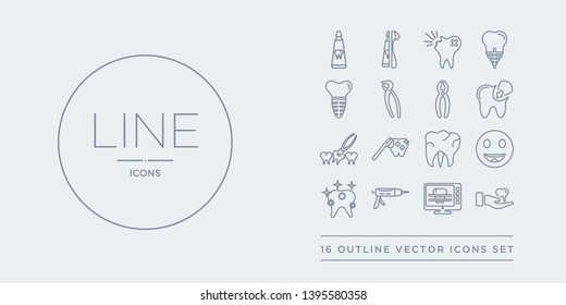 16 line vector icons set such as prophylaxis, radiograph, sealants, shiny tooth, smiling contains teeth, tooth cleaning, tooth extraction, filling. prophylaxis, radiograph, sealants from dentist