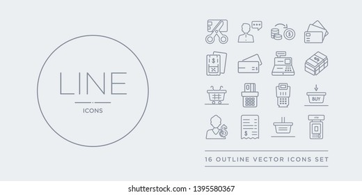16 line vector icons set such as atm machine, basket, bills, broker, buy contains card machine, card payment, cart, cash. atm machine, basket, bills from payment outline icons. thin, stroke elements