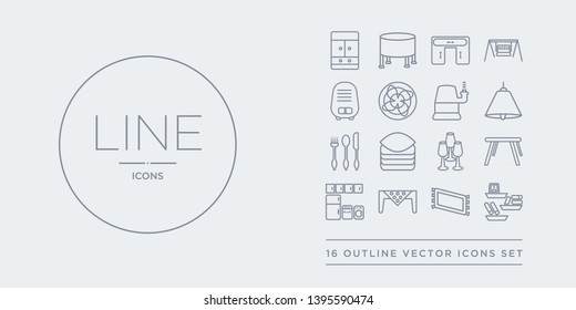 16 line vector icons set such as wall shelves, rugs, table linens, cabinets, card table contains glassware, linens, silverware, lamps. wall shelves, rugs, table linens from furniture and household