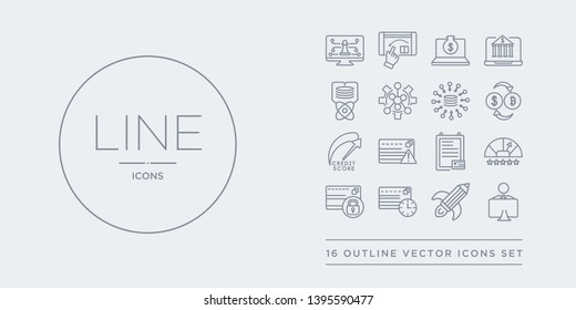 16 line vector icons set such as coworking, creative pencil rocket, cit history, cit limit, cit rating contains report, risk, score, crypto-exchange. coworking, creative pencil rocket, history from