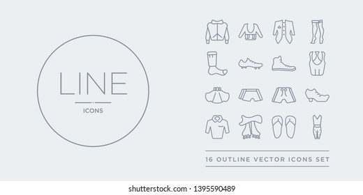 16 line vector icons set such as pyjamas, sandals, shawl, shirt, shoes contains short, shorts, skirt, sleeveless shirt. pyjamas, sandals, shawl from clothes outline icons. thin, stroke elements