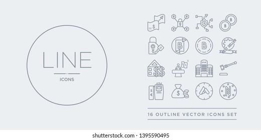 16 line vector icons set such as altcoin, ardor, asset, atm, auction hammer contains bank, banker, banking, best seller. altcoin, ardor, asset from cryptocurrency economy outline icons. thin, stroke