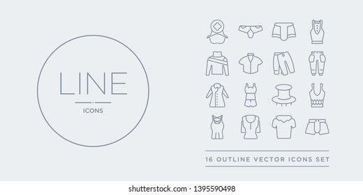 16 line vector icons set such as swim shorts, t shirt, t-shirt, tank top, tanktop contains top hat, tracksuit, trench coat, trouser. swim shorts, t shirt, t-shirt from clothes outline icons. thin,