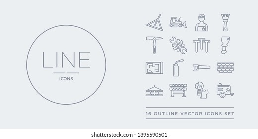 16 line vector icons set such as air compressor, angle grinder, barrier, beam, birck wall contains blade saw, blowtorch, print, bolster. air compressor, angle grinder, barrier from construction