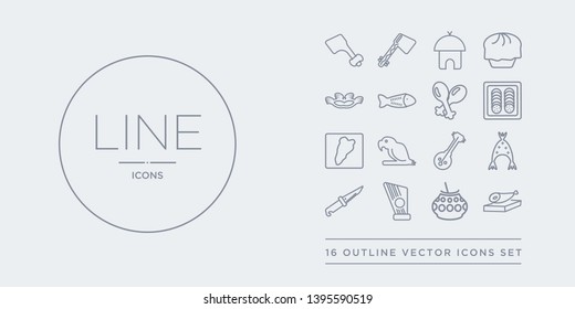 16 line vector icons set such as jam?n serrano, kalabas, kankles, knife in sheath, kokoshnik contains kora, macaw on a branch, maletsunyane, mantecados. jam?n serrano, kalabas, kankles from spanish