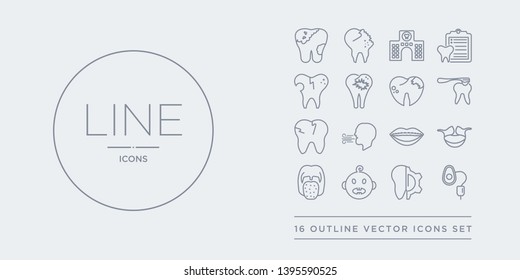 16 line vector icons set such as anesthesia, apicoectomy, baby dental, bacteria in mouth, bicuspid contains braces, breath, broken tooth, brushing teeth. anesthesia, apicoectomy, baby dental from