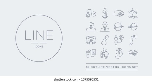 16 line vector icons set such as herpes, histiocytosis (childhood cancer), hiv, hiv/aids, hpv contains human papillomavirus, human papillomavirus (hpv), huntington's disease, hypermetropia. herpes,
