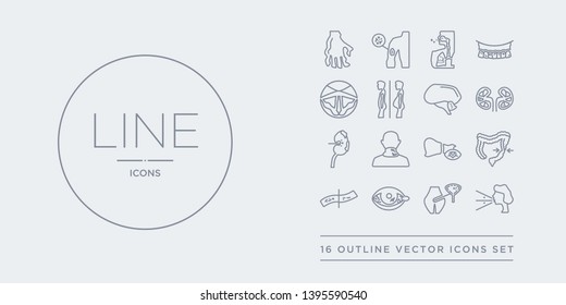 16 Line Vector Icons Set Such As Influenza, Interstitial Cystitis, Iritis, Iron-deficiency Anemia, Irritable Bowel Syndrome Contains Jaundice, Keloids, Kidney Disease (chronic Kidney Disease),