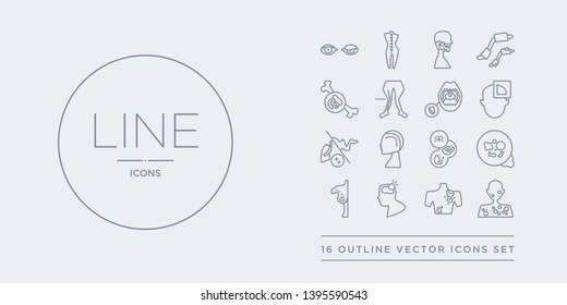 16 line vector icons set such as measles, melanoma, meningitis, metastatic cancer, methicillin-resistant staphylococcus aureus (mrsa) contains m??ni??re's disease, microcephaly, middle east