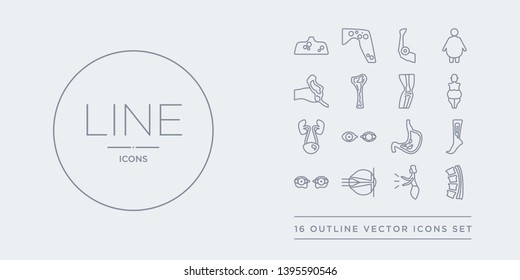 16 line vector icons set such as myelitis, myoclonus, myopia, myxedema, necrotizing fasciitis contains neoplasm, night blindness, non-gonococcal urethritis, obesity. myelitis, myoclonus, myopia from