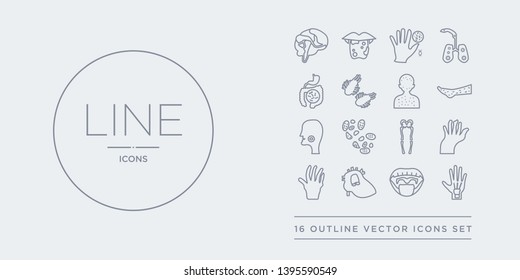 16 line vector icons set such as repetitive strain injury, rheumatic fever, rheumatic heart, rheumatism, rheumatoid arthritis contains rickets, rift valley fever, ring worms, rocky mountain spotted