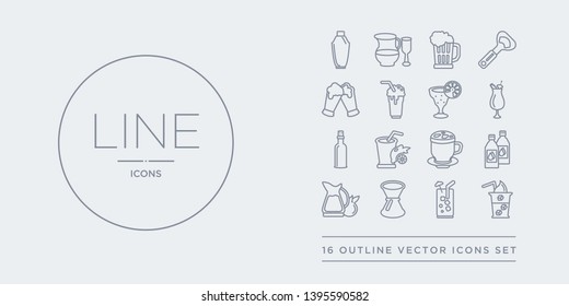 16 line vector icons set such as ice coffee, ice tea, jigger, jug, juice bottle contains latte, lemon juice, liquor, mai thai. ice coffee, tea, jigger from drinks outline icons. thin, stroke