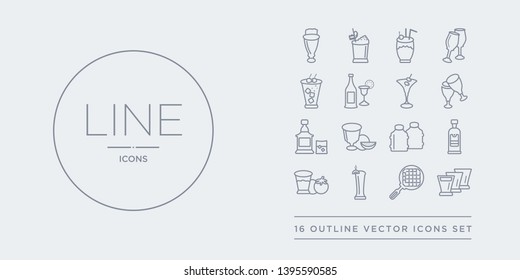 16 line vector icons set such as shots, sieve, tequila sunrise, tomato juice, vodka contains water jug, watermelon juice, whiskey, wine toast. shots, sieve, tequila sunrise from drinks outline