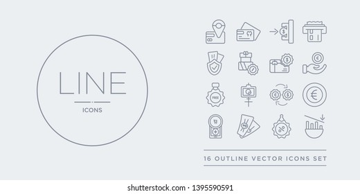 16 line vector icons set such as decrease, discount, dollar bill, ecommerce, euro contains exchange rate, financial presentation, free, get money. decrease, discount, dollar bill from payment