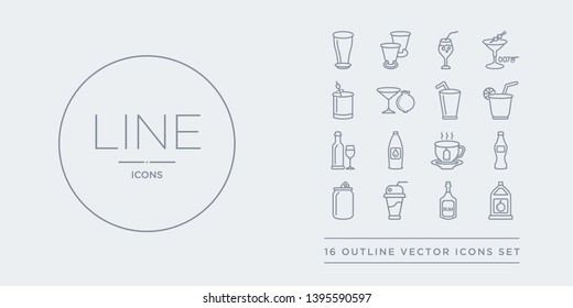 16 line vector icons set such as orange juice, rum, smoothie, soda can, soft drink contains tea, water, wine, tropical itch. orange juice, rum, smoothie from drinks outline icons. thin, stroke