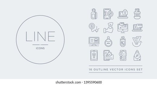 16 line vector icons set such as merchandise, mobile money, mobile payment, mobile shopping, money transfer contains moneybox, new, online order, online payment. merchandise, money, payment from
