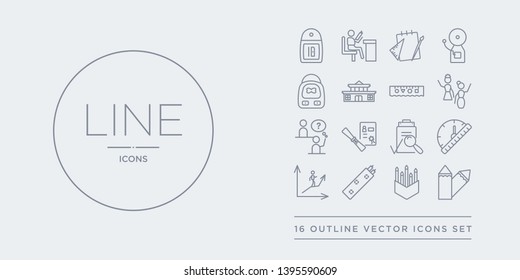 16 line vector icons set such as pencil, pencil box, pencil case, progress, protractor contains qa, qualification, question, raise hand. box, case from e-learning and education outline icons. thin,