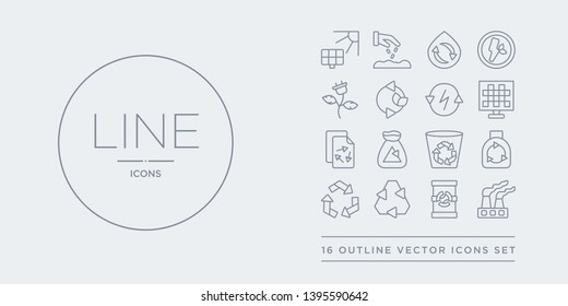 16 line vector icons set such as pollution, radioactive, recyclable, recycle, recycle bag contains recycle bin, recycled bag, recycled paper, renewable. pollution, radioactive, recyclable from