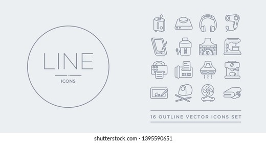 16 line vector icons set such as electric blanket, electric fan, electric pencil sharpener, electronic, espresso maker contains exhaust hood, fax, fax machine, food processor. blanket, fan, pencil