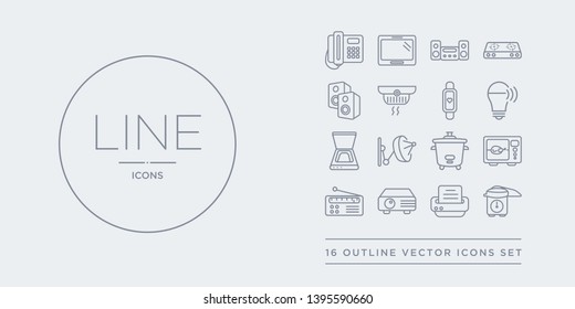 16 line vector icons set such as pressure cooker, printer, projector, radio, rice cooker contains rotisserie, satellite dish, scanner, smart light. pressure cooker, printer, projector from