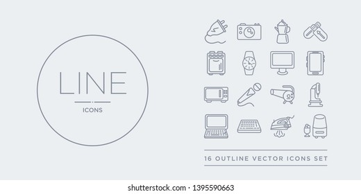 16 line vector icons set such as ice cream maker, iron, keyboard, laptop, laser machine contains leaf blower, microphone, microwave, mobile phone. ice cream maker, iron, keyboard from electronic